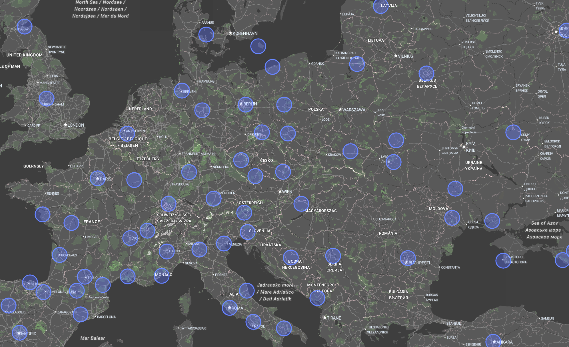 Karte der deflock Website über Verkehrskamera Meldungen in Europa