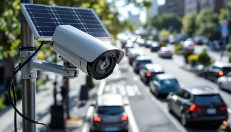 KI generiertes Bild einer solarbetriebenen Überwachungskamera in einer Innenstadt
